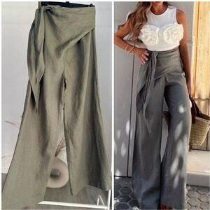 EUC Zara Linen Pareo High Waisted Wide Leg Pants Green Large